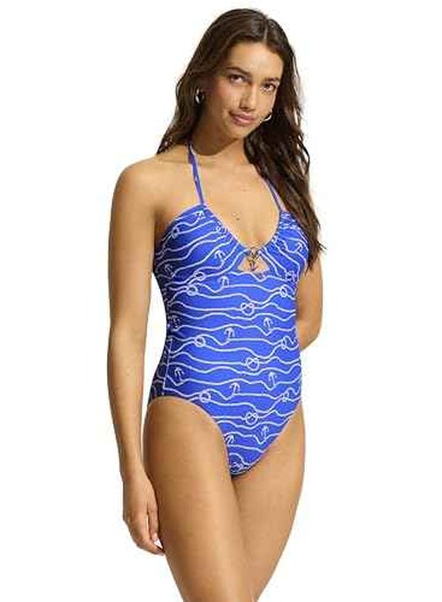 Seafolly Women's Standard Bandeau Halter One Piece Swimsuit, Set Sail Azure