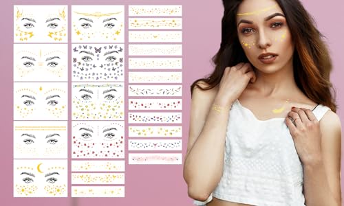 54 Sheets Gold Glitter Freckles Face Tattoo, 150+ Pcs Halloween Face Glitter Temporary Tattoo Stickers, Sparkle Freckles M...