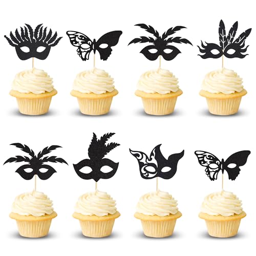 Arthsdite 24Pcs Masquerade Masks Cupcake Toppers Bachelorette Party Mask Cupcake Food Fruit Picks Masquerade Mardi Gras Pa...