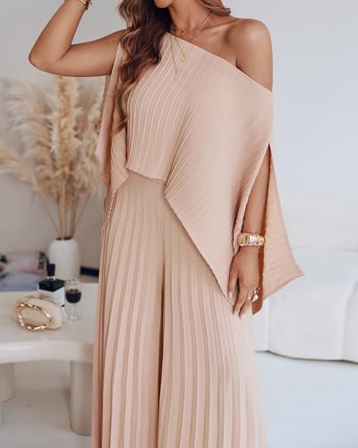 CHICME Women's 3 Piece Pleated Outfits One Shoulder Tops with High Waisted Wide Leg Pants Casual Vacation Outfit