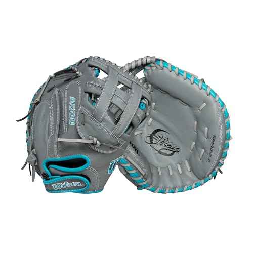 Wilson 2024 A500¢â Siren¢â 32¡± Youth Fastpitch Softball Catcher¡¯s Mitt - Right Hand Throw, Grey/Teal/White