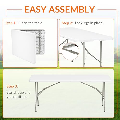 Elevon Folding Table Set with 6 White Folding Chairs,6 Feet Heavy Duty Fold-in-Half Utility Table Sets for Picnic, Event, ...