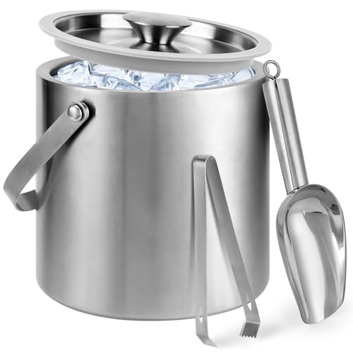 Yeatruojeet Ice Granule Bucket 3L Double Wall Ice Bucket with Lid,Scoop,Tongs- Inner Layer 304 Stainless Steel Ice Contain...