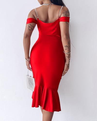 CHICME Womens Sexy Bodycon Party Dress Off The Shoulder Pearls Strap Midi Dress Ruffle Hem Cocktail Dresses