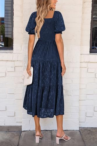 PRETTYGARDEN Women's 2026 Summer Casual Midi Dresses Square Neck Short Sleeve Smocked A Line Floral Flowy Elegant Boho Dress