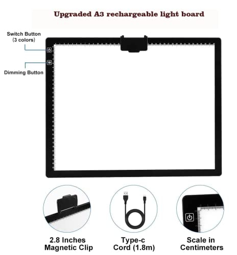 YINGWOND Rechargeable A3 LED Light Pad with Carry Bag, Adjustable Brightness Light Box with 3 Colors, Built-in Stand, 2500...