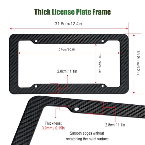 Carbon Fiber License Plate Frames- Black Carbon Pattern Plastic Front & Rear Car Tag Holder Cover 2 Pack with Mount Hardwa...