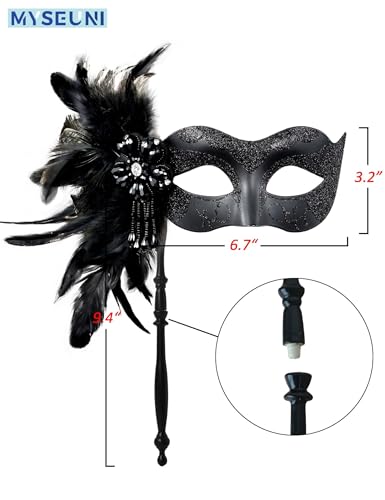 MYSEUNI 2025 New Masquerade Mask for Women with Stick - Shiny Women's Feather Mardi Gras Venetian Mask for Costume Accessory