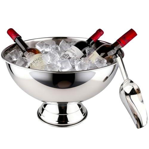 Large Ice Bucket 13L Stainless Steel Champagne Bowl Ice Bucket with Ice Scoop Semicircle Drink Tub with Integrated Base Si...