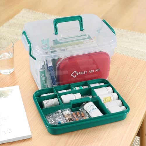 Yesdate 1 Pack Plastic Medicine Storage Kit with Tray, First Aid Storage Box with Handles, Clear Household First Aid Organ...