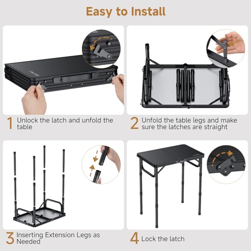Diceaynico Folding Camping Table, 22" x 15" Picnic Table with 3 Adjustable Height Max 27.5", Matte Black Aluminum Folding ...