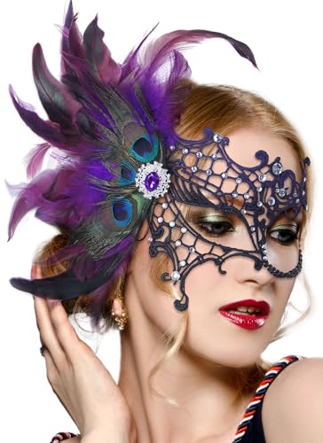 Zinniday Halloween Masquerade Masks for Women - 2026 Peacock Feather Lace Mask 1920s Venetian Eyemask for Party