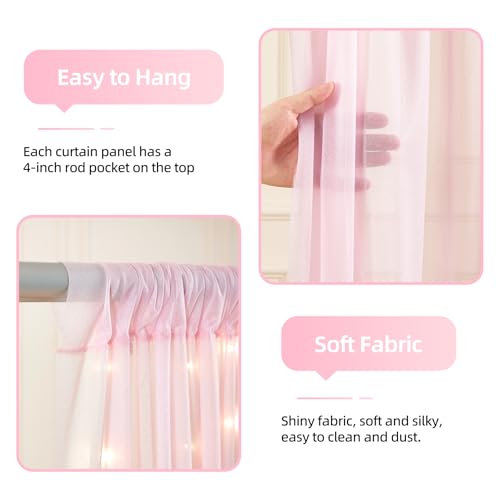 10x10ft Pink Tulle Backdrop Curtains with Lights String for Parties,Wrinkle Free Sheer Curtain with Lights Wedding Photo B...