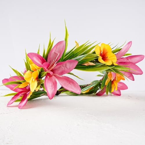 Hawaiian Leis Flower Crown - Artificial Tropical Flower Headpiece Hawaii Floral Headband with Ribbon Lei Luau Dress Up Hai...