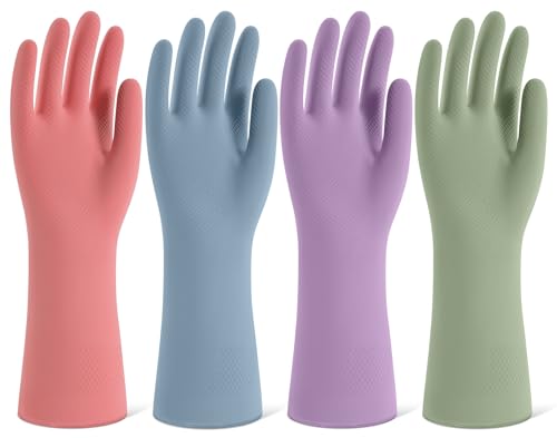 Rubber Cleaning Gloves for Dishwashing, 4 Pairs Reusable Kitchen Gloves for Washing Dishes and Household Cleaning, Colorfu...