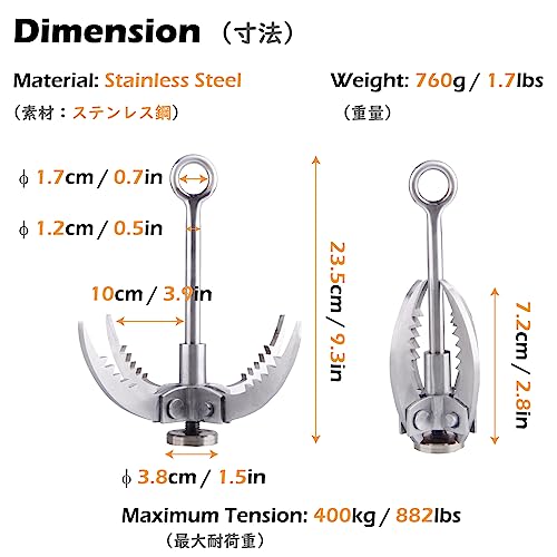 TRIWONDER Grappling Hook Gravity Rock Climbing Hooks Folding Carabiner Claws Stainless Steel Anchor for Climbing, Fishing,...