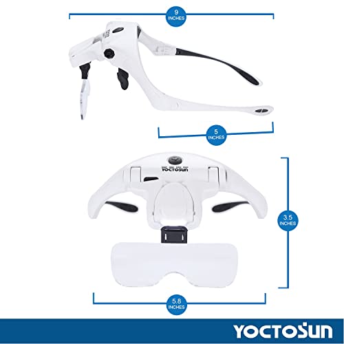 YOCTOSUN Magnifying Glasses with 4 LED Lights, Headband Magnifier with 5 Detachable Lenses 1X, 1.5X, 2X, 2.5X 3.5X -Rechar...