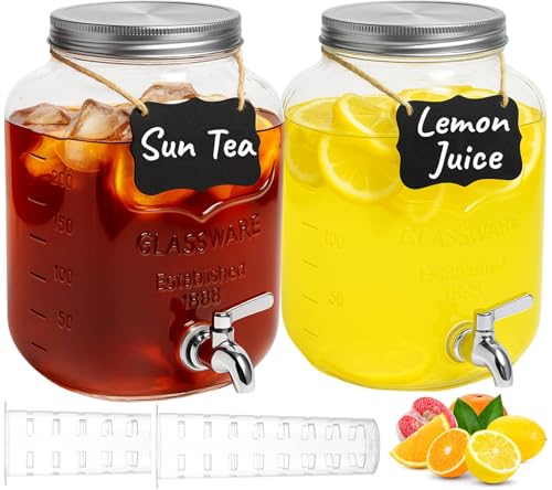 2 PCS 2 Gallon Drink Dispensers - Glass Peverage Dispenser for Parties with 18/8 Stainless Steel Spigots, Lemonade Dispens...