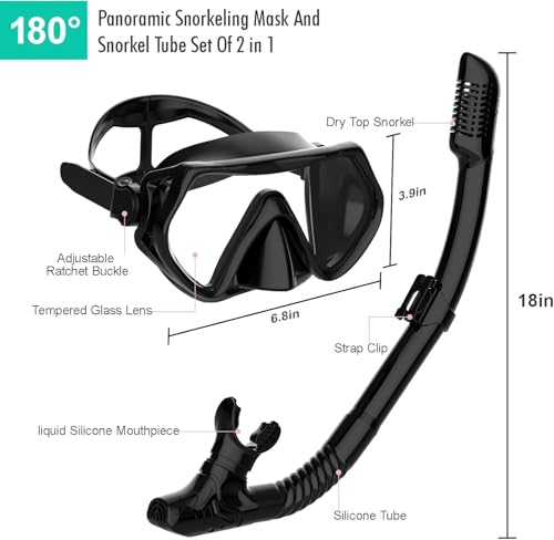Snorkeling Gear for Adults, JRing Snorkel Mask Set with 180 Degree Tempered Glass Anti Fog Goggles Scuba Dry Top Snorkel f...