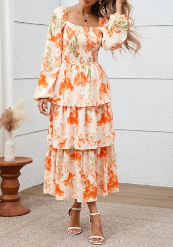 BTFBM Spring Dresses for Women 2026 Floral Long Sleeve Smocked Square Neck Ruffle Tiered Flowy Party Wedding Guest Dress