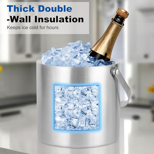 3L Stainless Steel Ice Bucket – Double-Wall Insulated Cooler Keeps Ice Frozen Longer for Wine, Champagne & Beer,Includes L...