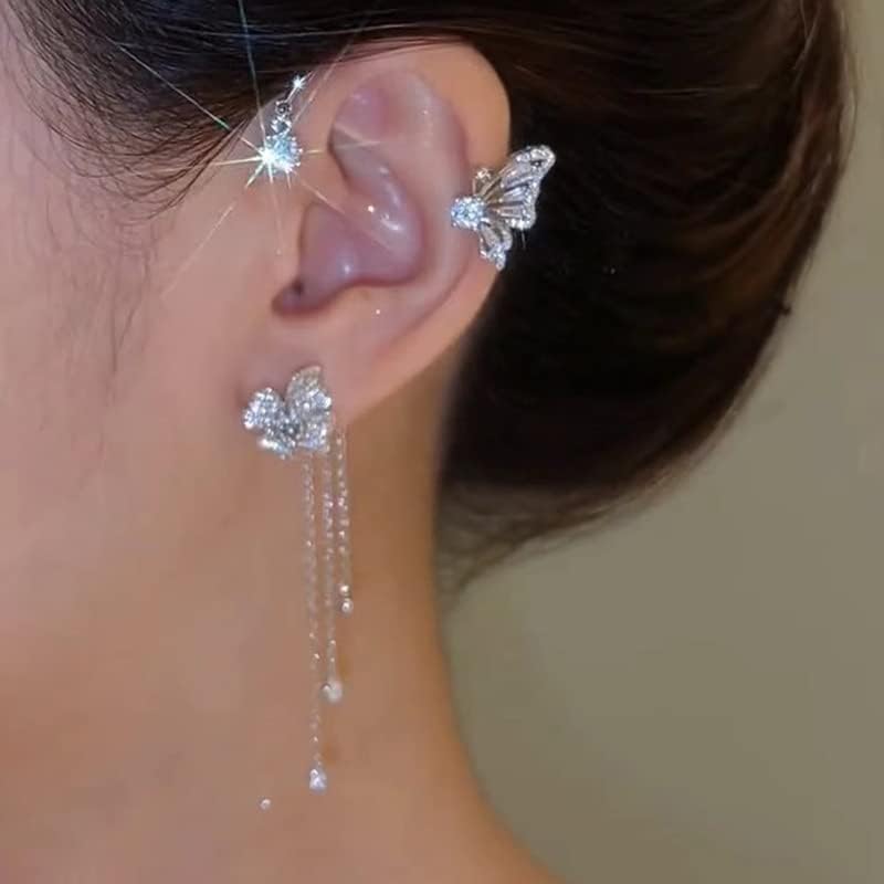 RIJXU 2 Pairs Dainty Silver Butterfly Ear Cuffs & Wraps for Women Non Piercing Bling Butterfly Tassel Style Zircon Earrings Ear Clips Bridal Wedding Jewelry (Silver)