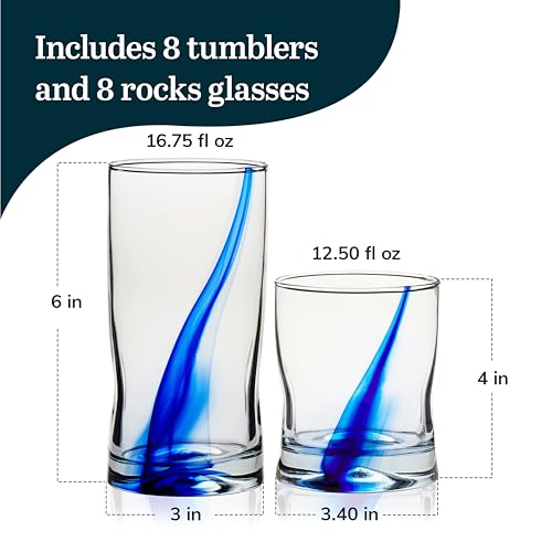 Libbey Blue Ribbon 16 Piece Tumbler and Rocks Glass Set, Infused Blue Ribbon Drinkware Glasses Set, Artisan Inspired Four-...