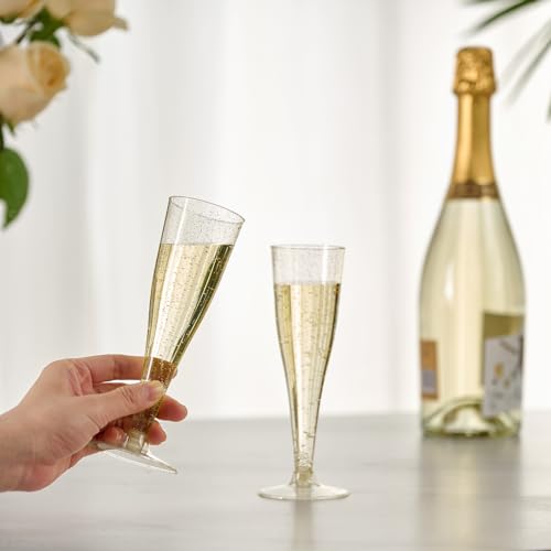 JOLLY CHEF 100 Pack Plastic Champagne Flutes Disposable 4.5 oz Gold Glitter Plastic Champagne Glasses for Wedding, Thanksg...