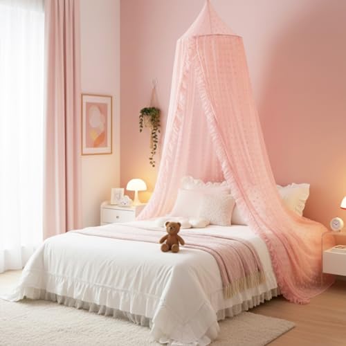 Mengesi Bed Canopy with Pom Pom- Lace Chiffon Canopy Bed Curtains, Ruffles Princess Reading Nook Play Tent for Girls Room...