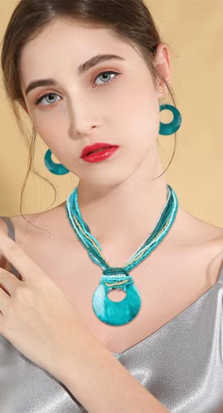 Coiris Multi Strand Statement Colorful Beaded Necklace Earrings Set with Big Circle Shell Pendant for Women (N0055-Dark Teal)