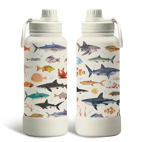 Gifts for Men 34oz Fish Water Bottle, Fisherman Tumbler with Spout Lid, Leak Proof Vacuum Insulated Stainless Steel Cup Tr...