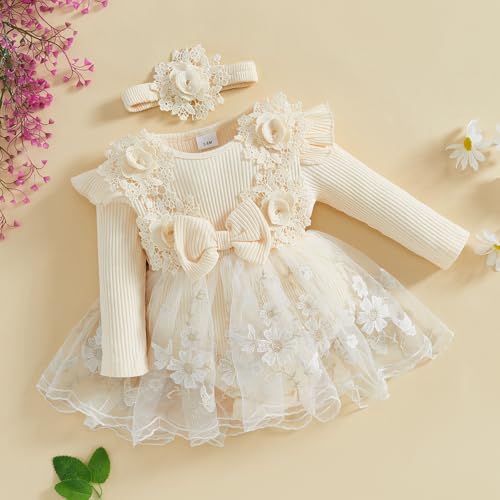 Baby Girl Romper Dress Baby Dress Romper Lace Flowers Infant Fall Winter Festival Clothes with Headband