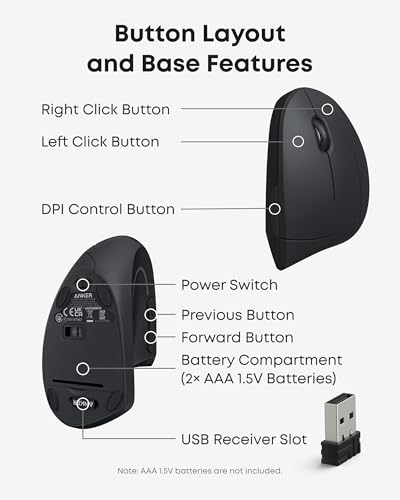 Anker 2.4G Wireless Vertical Ergonomic Optical Mouse for Work, Multi-Device Connectivity, 800/1200 /1600 DPI, 5 Buttons fo...