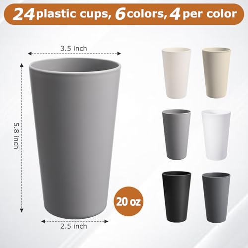 24 Pcs Unbreakable Plastic Cups Set, 20 oz Reusable Plastic Cups, Stackable Water Tumblers, Drinking Cup for Kitchen, Outd...
