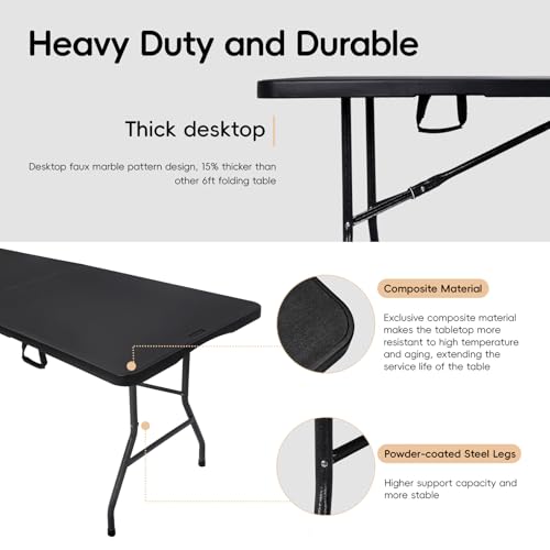 pollilar Folding Table 6FT HDPE 6 Foot Foldable Table Portable Banquet Surface Fold-in-Half Desk Utility for Working Meeti...