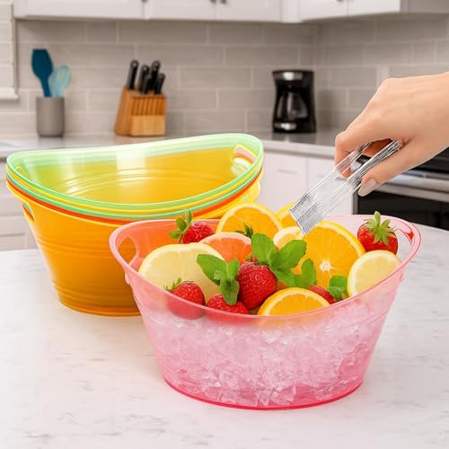 ZAVOOS 6 Pack Plastic Ice Bucket, 4.5 Liter Small Champagne Bucket with Tongs Handle, Colorful Oval Storage Tub Drink Buck...