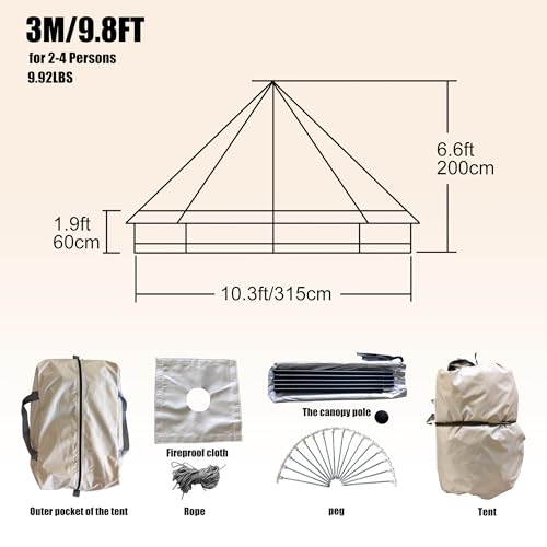 Spacious 4 Person Yurt Tent with Stove Jack, 4-Season Glamping Bell Tent, Waterproof 210D Oxford Cloth, for Family Camping...