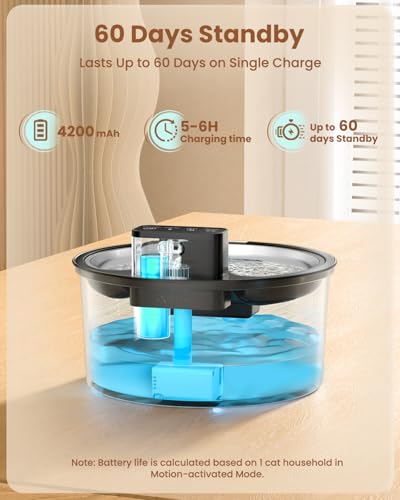 PawPoll Wireless Cat Water Fountain Stainless Steel - 3.2L/108oz Cordless Pet Water Fountain Battery Operated Cats Water D...