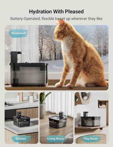 DownyPaws Cat Water Fountain Cordless, 84oz/2.5L Fursink Wireless Pet Water Fountains for Cats Indoor, Battery Operated Ca...