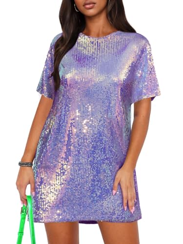 ENOPINK Women's Crew Neck Sequin Dress for Women Sexy V Neck Shirt Dresses Sparkly Shift Mini Dress