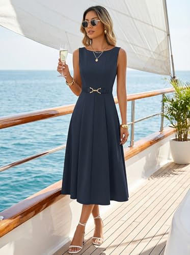 ZESICA Women Summer Sleeveless Midi Dresses 2026 Elegant Boat Neck A Line Tie Waist Spring Cocktail Party Dress