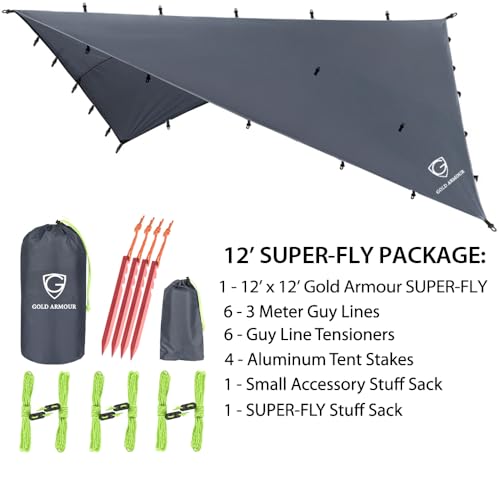 Gold Armour Premium 12ft x 12ft Waterproof Ultralight Camping Shelter Canopy, Must Have Camping Accessories, Gray