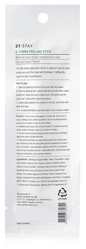 DR.ORACLE 21 Stay A-Thera Peeling Stick for Sensitive Skin - AHA, BHA, Tea Tree Oil, Exfoliating Swabs for Blackheads, Whitehead