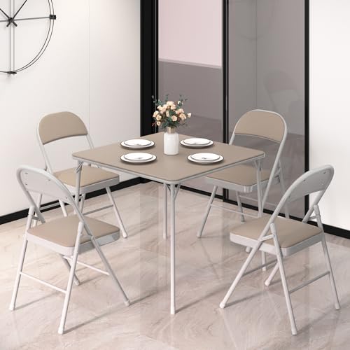 VECELO Portable Folding Card Table Square and Chair Set (5pc) with Collapsible Legs & Vinyl Upholstery, Metal, Beige