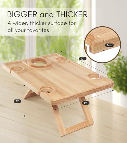 Outdoor Wine Picnic Table, Wooden Folding Picnic Table with Glass Holder, Bamboo Wine Glass Snack Tray for Indoor & Outdoo...
