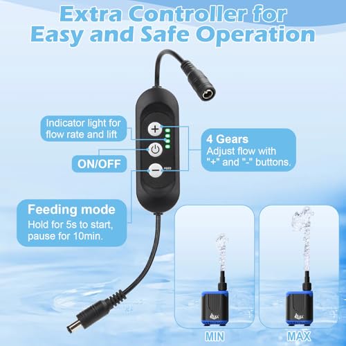 AQQA DC Aquarium Water Pump with Controller,4 Flow Adjustable,Feed Mode,IP68 Submersible Quiet Fish Tank Pump,3 Nozzles fo...