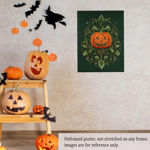 Embroidered Pumpkin Wall Art – Halloween Jack-o'-Lantern with Vines on Green Fabric Texture, Gothic Vintage Textile Style Canvas Print for Living Room-16x20Inch Ready to Hang(Unframed)