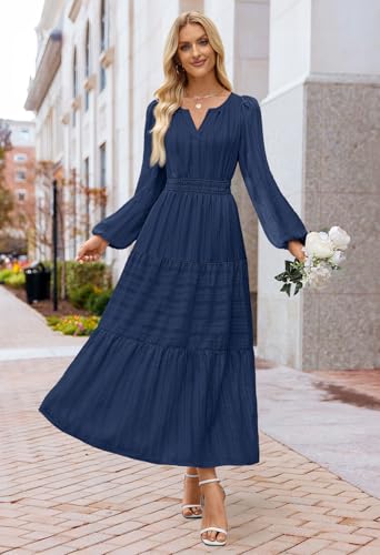 MEROKEETY Winter Midi Dresses for Women 2026 Spring Long Sleeve Casual V Neck Tiered Cotton Maxi Dress Pockets