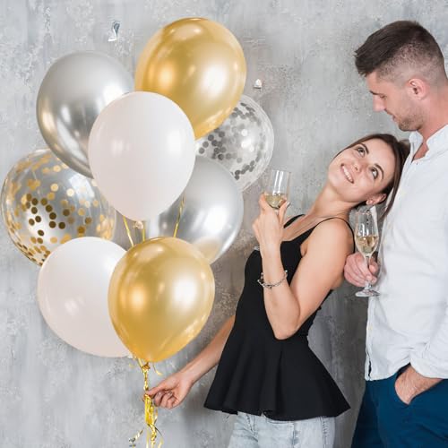 Gender Reveal 60 Pcs Balloons for Birthday Party，12 Inch Gold and Silver Latex Metallic Balloons 12 Inch Gold and Silver C...