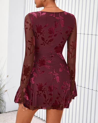 BTFBM Women Floral Wedding Guest Dress Spring 2026 Casual Long Sleeve Crew Neck Flowy Party Cocktail Mini Dresses